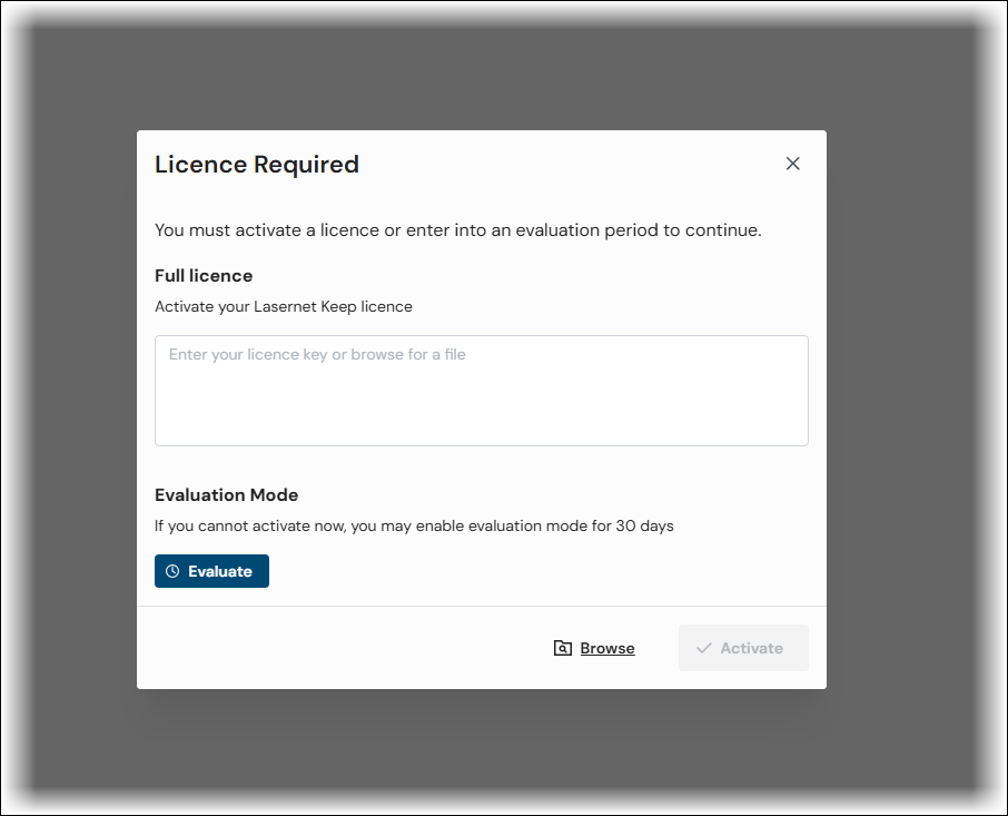 The Licence Required window that is displayed when Keep starts unlicensed.